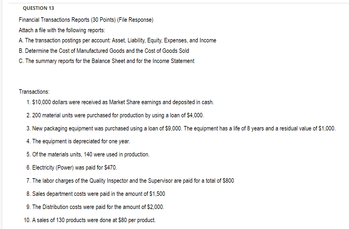QUESTION 13 Financial Transactions Reports (30 | Chegg.com