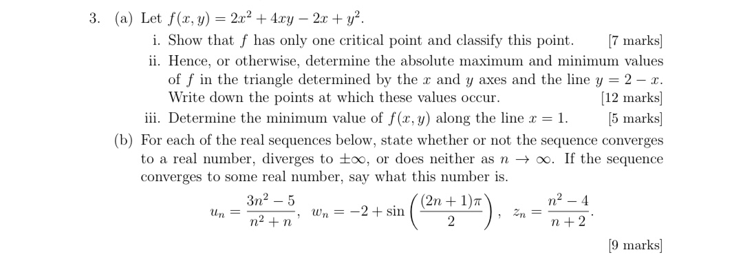 Solved (a) Let f(x,y)=2x2+4xy−2x+y2. i. Show that f has only | Chegg.com