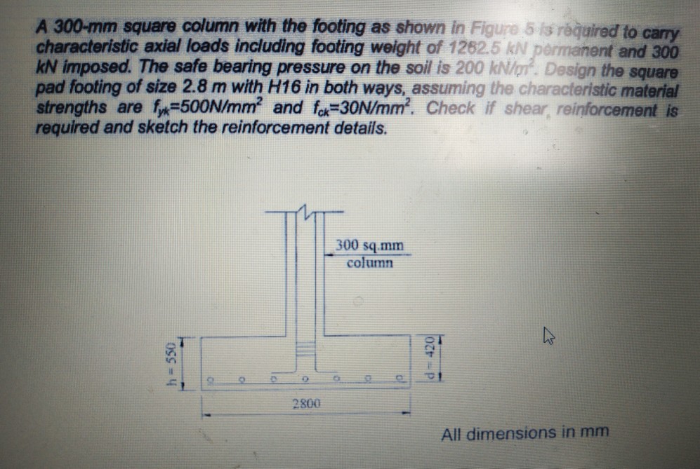 Solved A 300-mm square column with the footing as shown in | Chegg.com