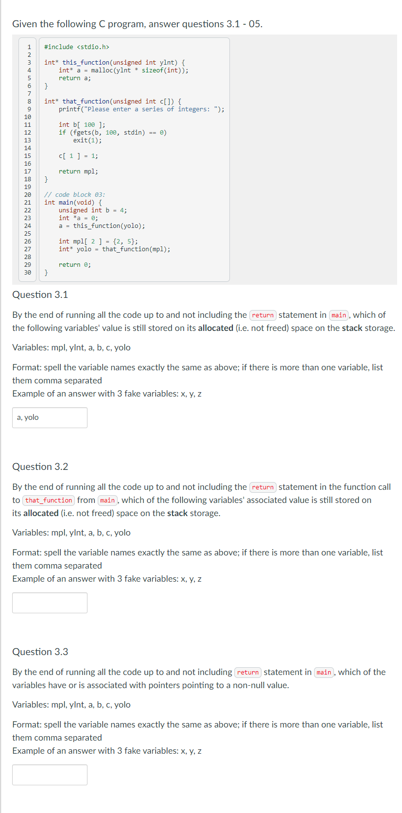 Solved Given the following C program, answer questions 3.1 - | Chegg.com