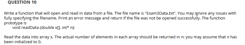 Solved QUESTION 10 Write a function that will open and read | Chegg.com