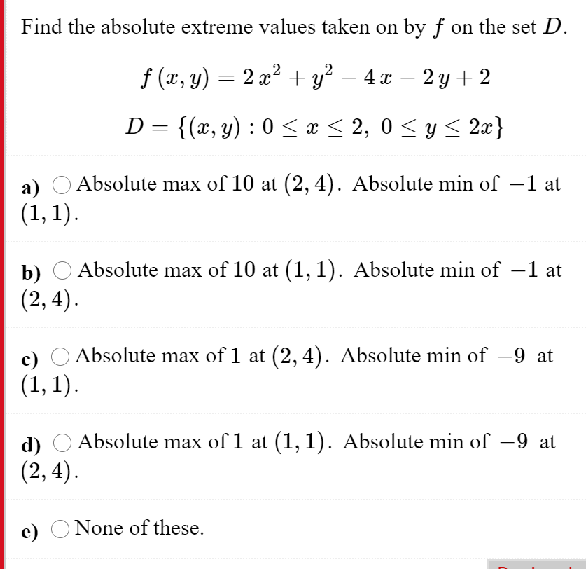 Absolute Exteme Values Solved Find the absolute extreme values taken on by f on the | Chegg.com