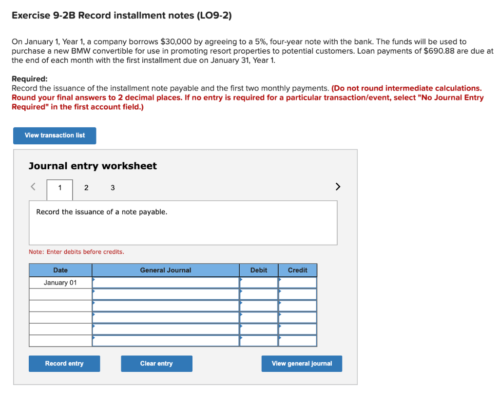 Solved Exercise 9-2B Record installment notes (L09-2) On | Chegg.com