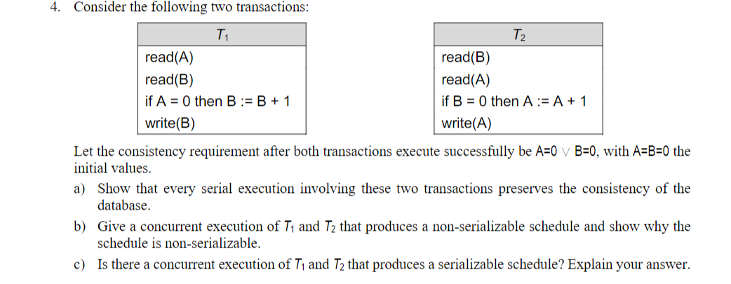 Solved 4. Consider The Following Two Transactions: Let The | Chegg.com