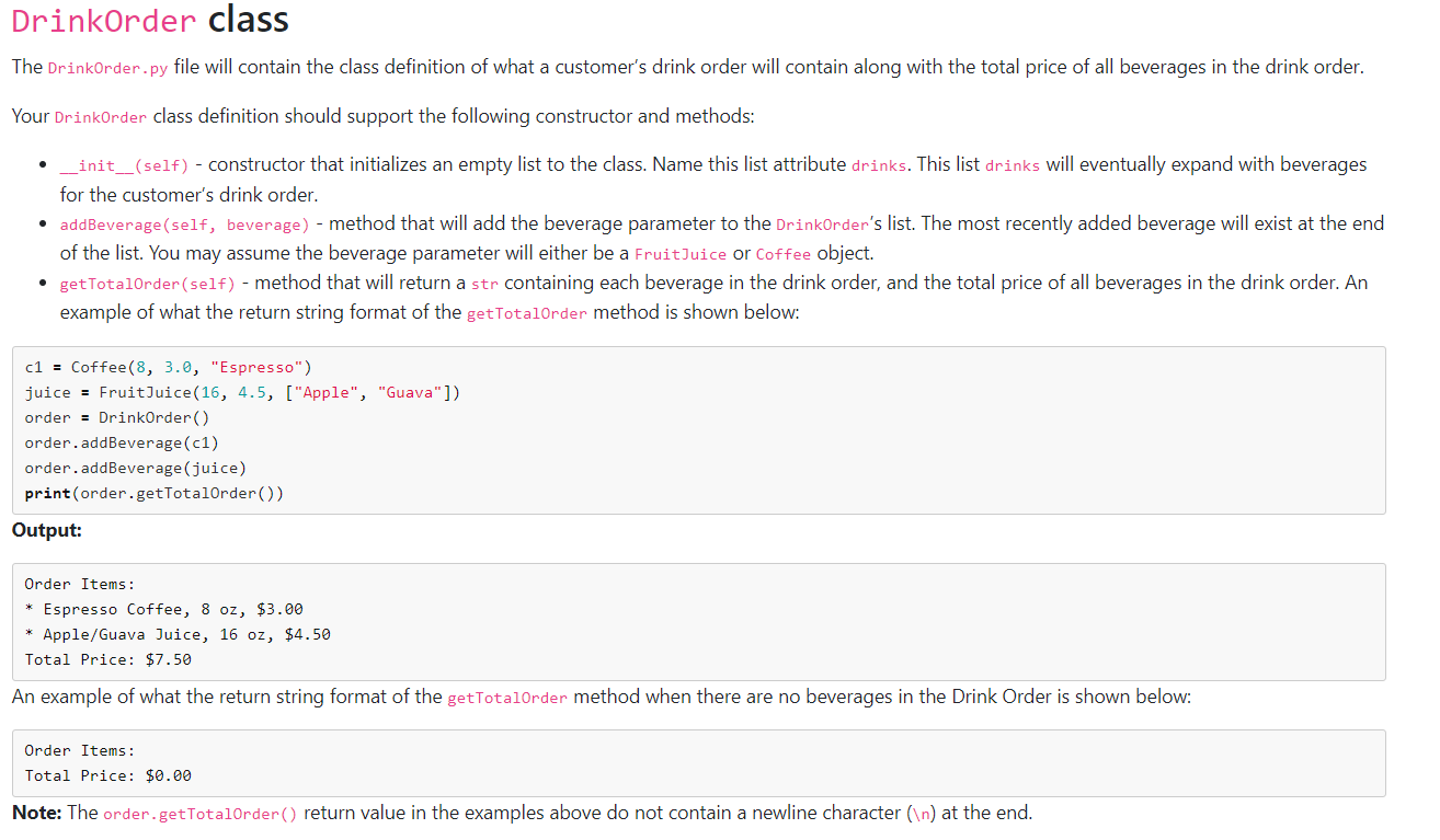 DrinkOrder class The DrinkOrder. py file will contain | Chegg.com