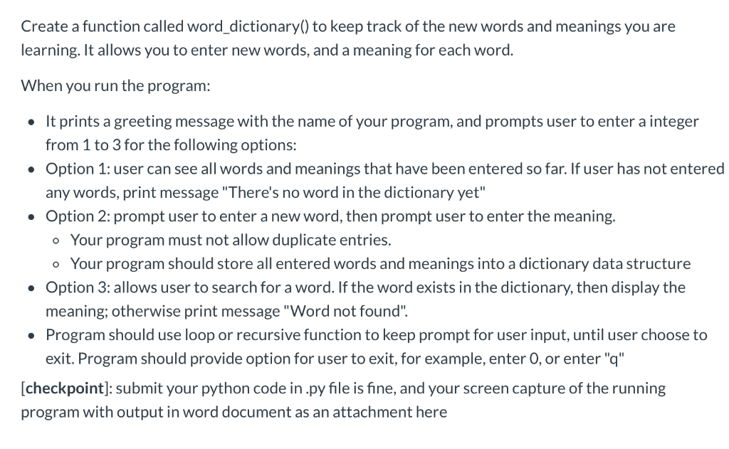 Solved Create a function called word_dictionary() to keep | Chegg.com