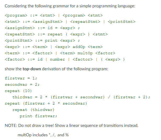 Solved Considering the following grammar for a simple | Chegg.com