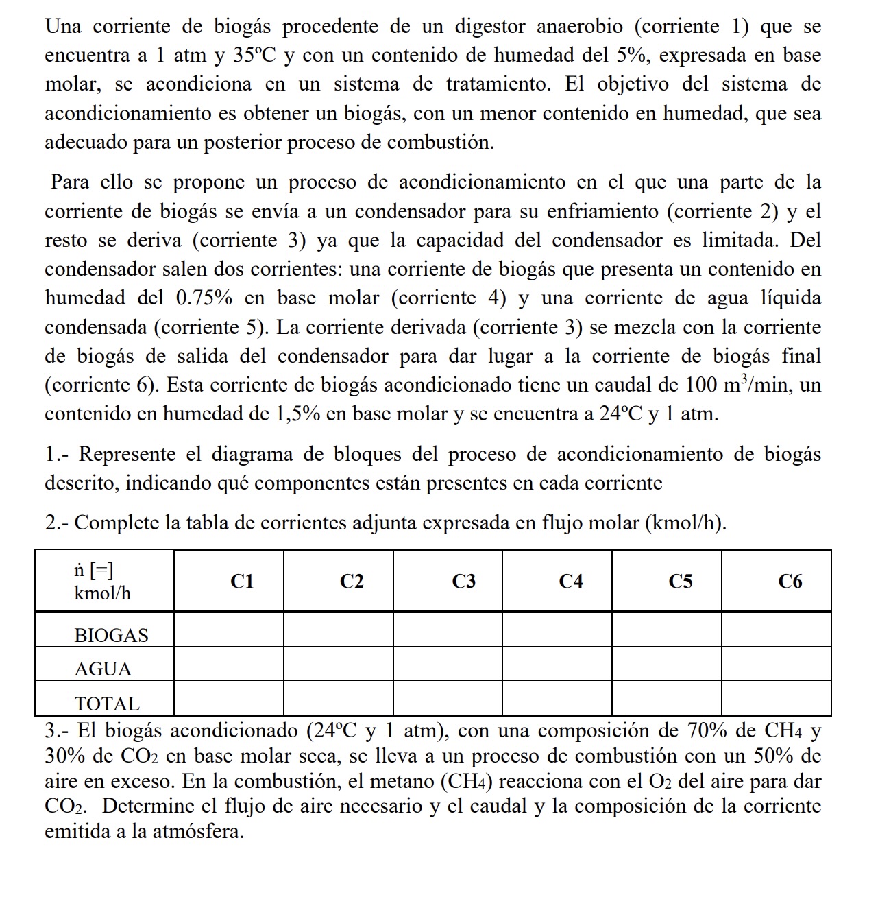 Una corriente de biogás procedente de un digestor anaerobio (corriente 1) que se encuentra a \( 1 \mathrm{~atm} \) y \( 35^{\