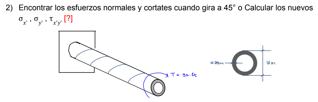 2) Encontrar los esfuerzos normales y cortates cuando gira a \( 45^{\circ} \) o Calcular los nuevos \( \sigma_{x^{\prime}}, \