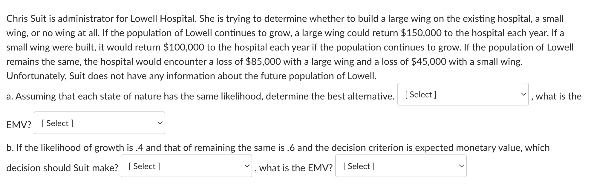 Chris Suit is administrator for Lowell Hospital. She is trying to determine whether to build a large wing on the existing hos