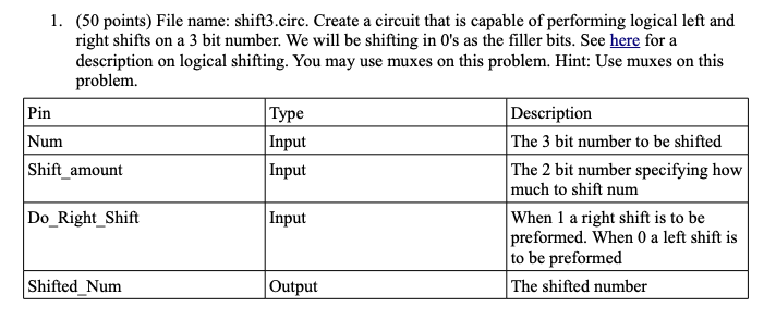Solved Pin 1. (50 points) File name: shift3.circ. Create a | Chegg.com