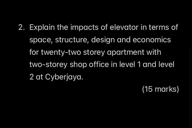 Solved 2. Explain the impacts of elevator in terms of space, | Chegg.com