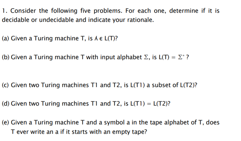 Solved 1. Consider the following five problems. For each | Chegg.com