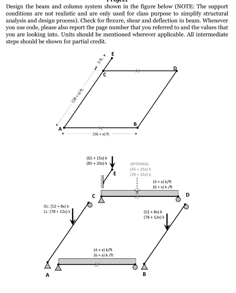 Design the beam and column system shown in the figure below (NOTE: The support
conditions are not realistic and are only used