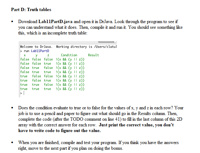Solved Part D: Truth tables Download LabllPartD.java and | Chegg.com
