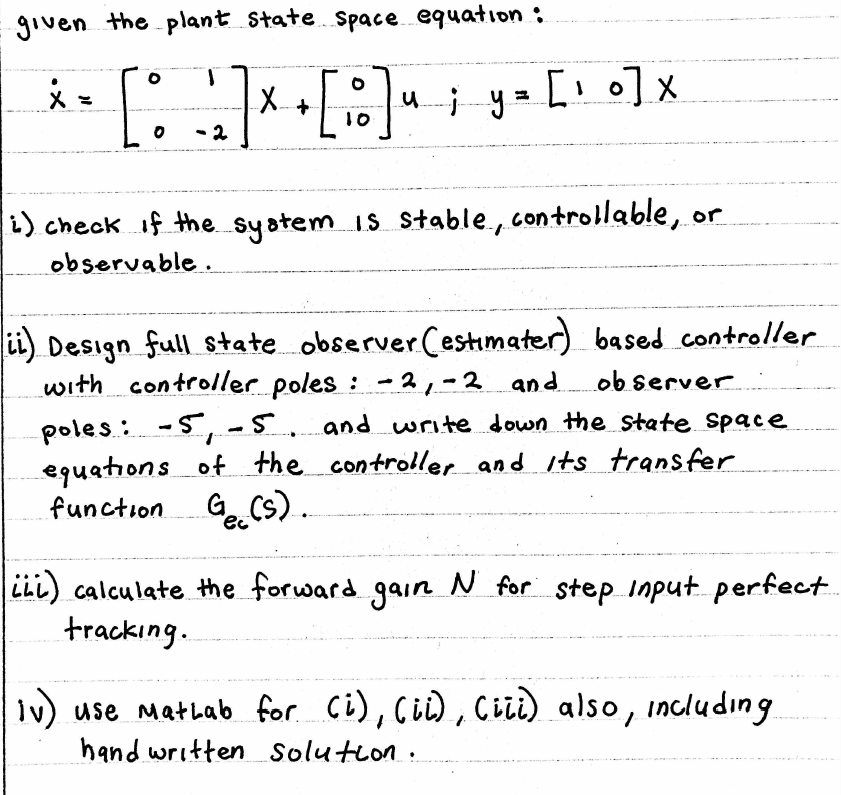 Solved given the plant state Space equation: *= [1,7x+[•]-; | Chegg.com