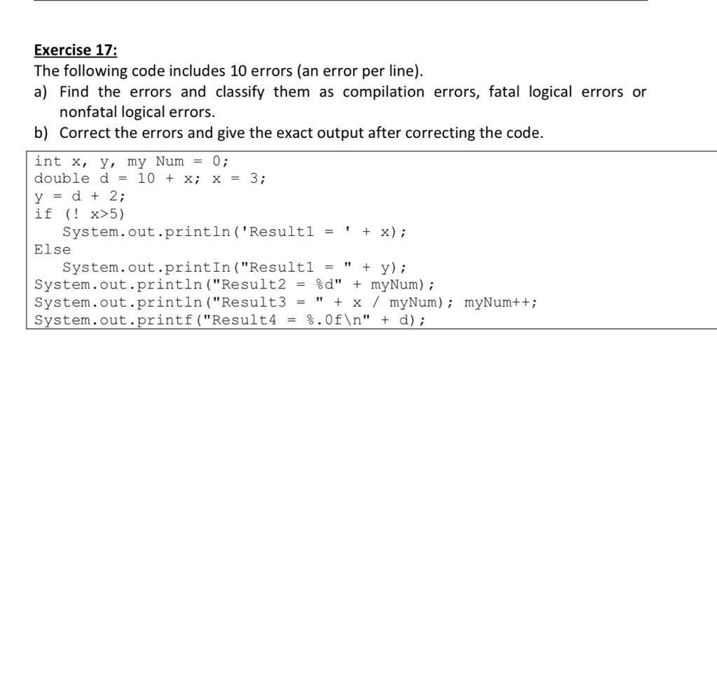 Solved Exercise 17: The following code includes 10 errors | Chegg.com