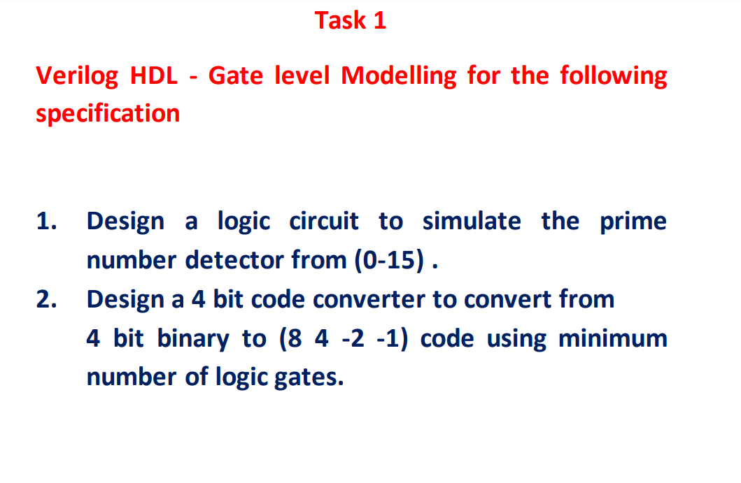 Verilog HDL - Gate level Modelling for the following specification
1. Design a logic circuit to simulate the prime number det