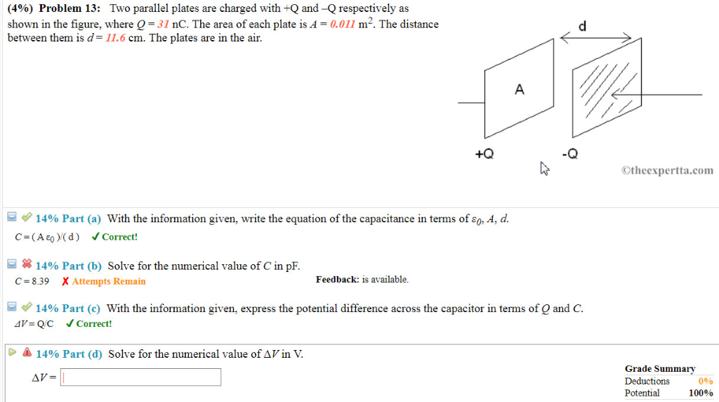 Solved (4%) Problem 13: Two parallel plates are charged with | Chegg.com