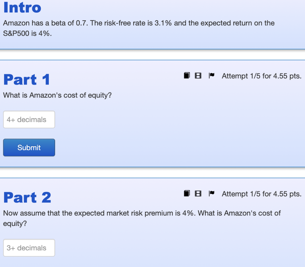 Solved Intro Amazon Has A Beta Of 0.7. The Risk-free Rate Is | Chegg.com
