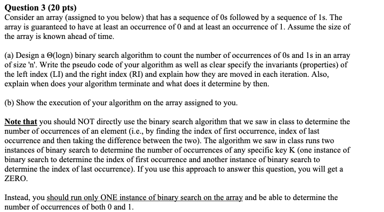 Solved Question 3 (20 pts) Consider an array assigned to you | Chegg.com