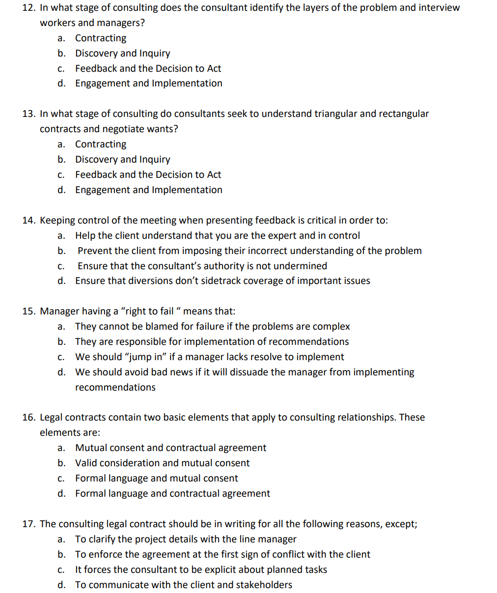Solved 12. In what stage of consulting does the consultant | Chegg.com