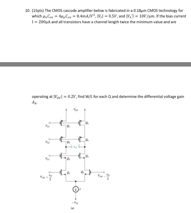 Solved The CMOS cascode amplifier below is fabricated in a | Chegg.com