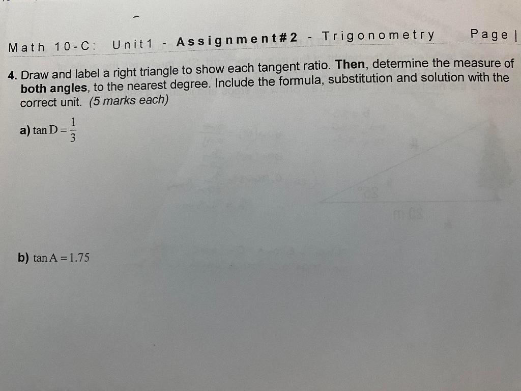 Solved - Trigonometry Page 1 Unit 1 - Math 10-C: Assignment | Chegg.com