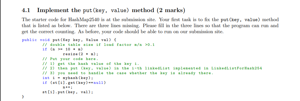 Solved 4.1 Implement the put(key, value) method (2 marks) | Chegg.com