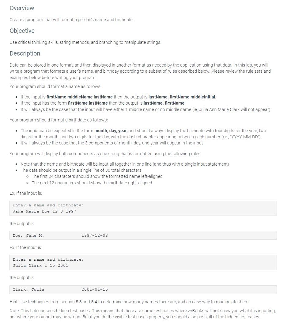 Solved Overview Create a program that will format a person's | Chegg.com