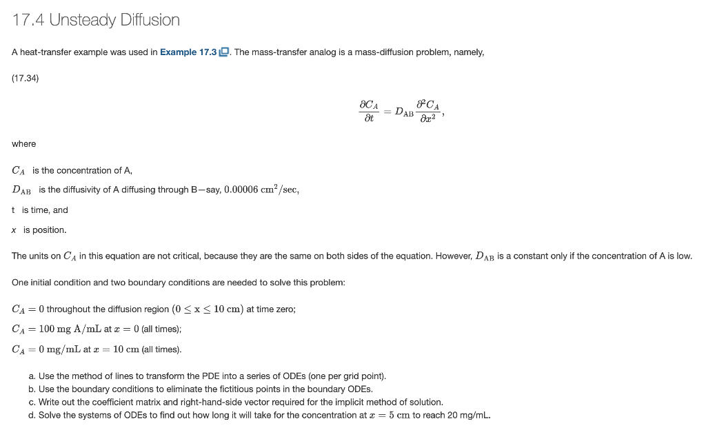 Solved 17.4 Unsteady Diffusion A heat-transfer example was | Chegg.com