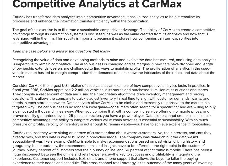 Solved Competitive Analytics at CarMax CarMax has