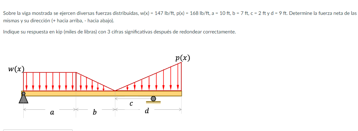 Sobre la viga mostrada se ejercen diversas fuerzas distribuidas, \( w(x)=147 \mathrm{lb} / \mathrm{ft}, \mathrm{p}(\mathrm{x}