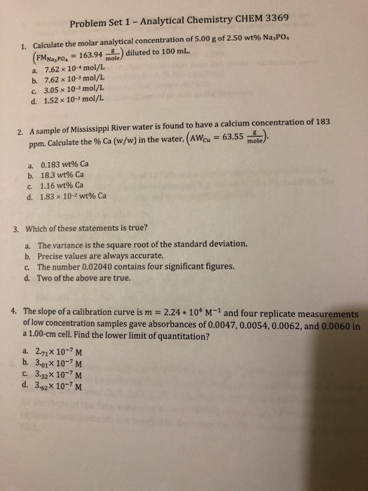 Solved Problem Set 1 - Analytical Chemistry CHEM 3369 | Chegg.com
