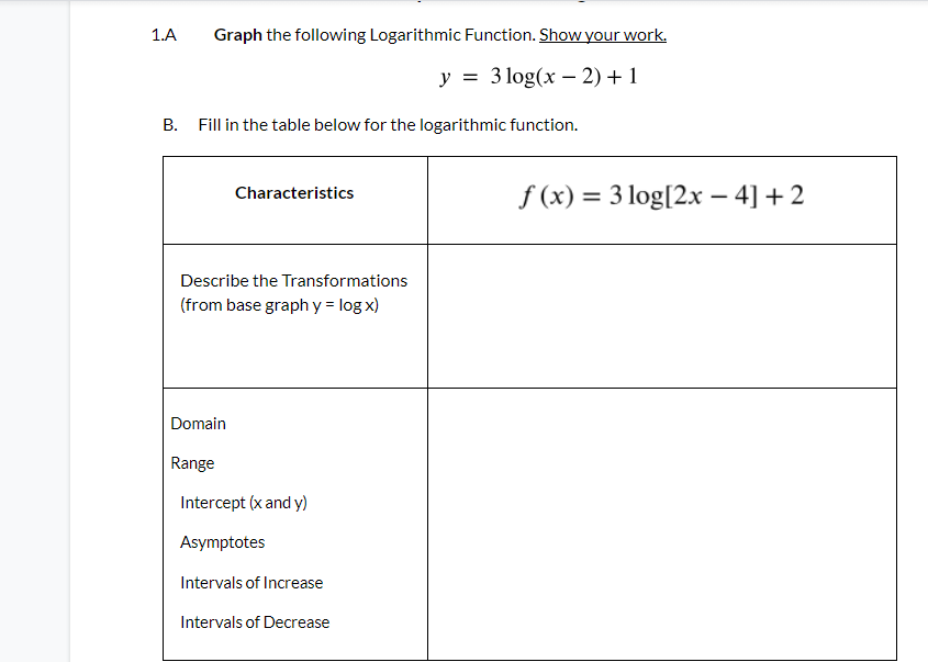 Solved 1.A Graph the following Logarithmic Function. Show | Chegg.com