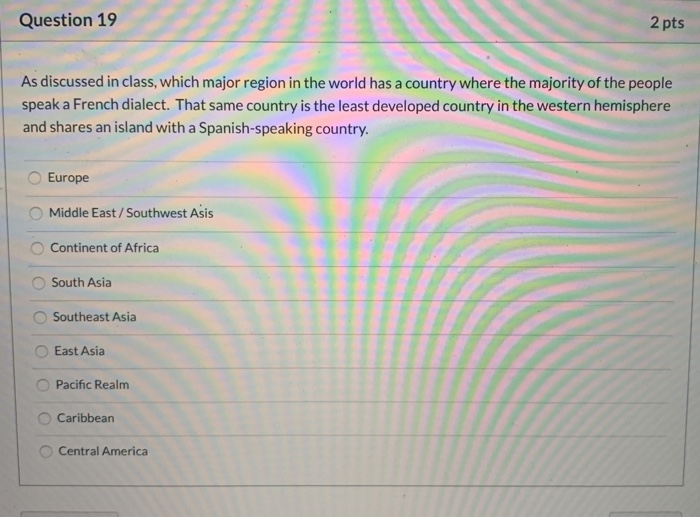 Region Question Options 2 pts Question 11 As discussed in class, what major | Chegg.com
