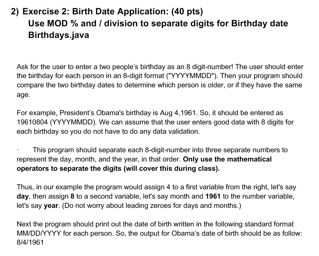 Solved 2 Exercise 2 Birth Date Application 40 pts Use Chegg