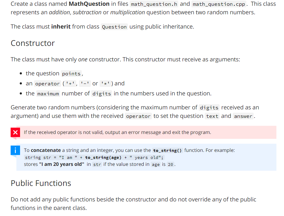 Create a class named MathQuestion in files math_question.h and math_question.cpp. This class represents an addition, subtract