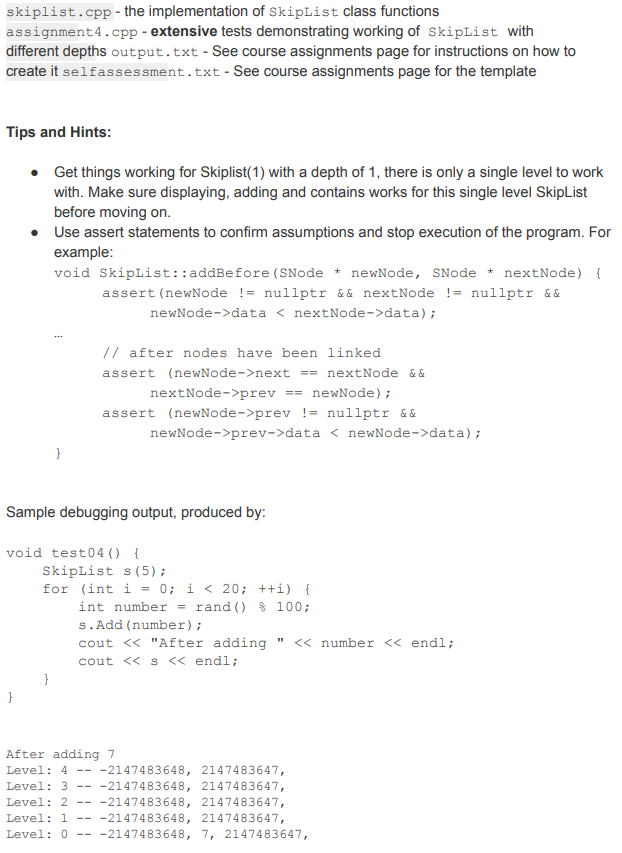 Assignment 4: SkipList Goals: Working with dynamic | Chegg.com