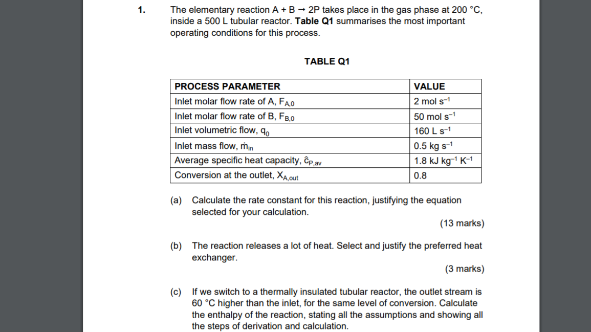 Solved 1. The elementary reaction A + B - 2P takes place in | Chegg.com