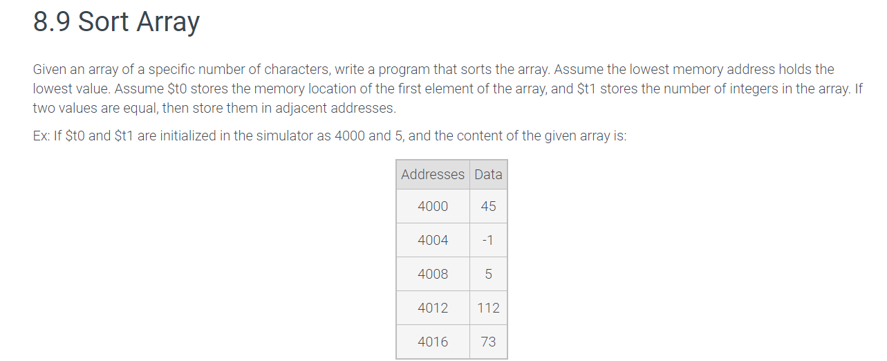 Solved 8.9 ﻿Sort ArrayGiven an array of a specific number of | Chegg.com