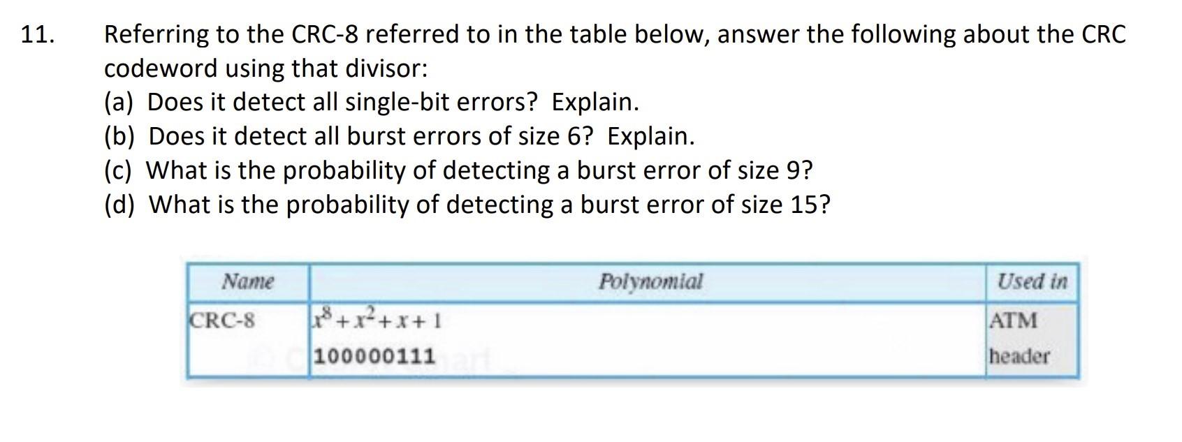 11. Referring to the CRC-8 referred to in the table below, answer the following about the CRC codeword using that divisor:
(a