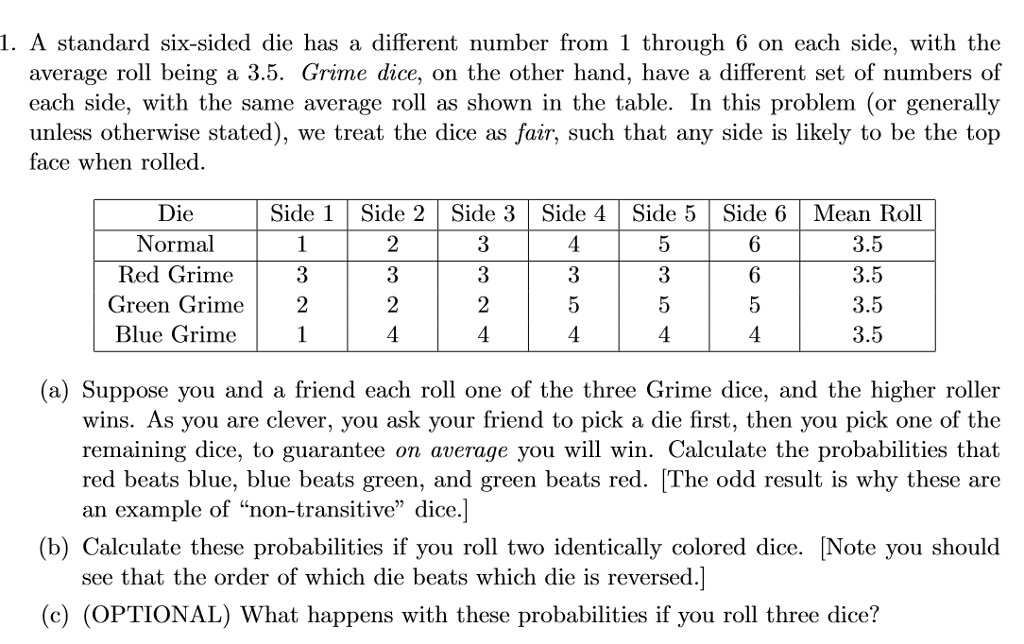 Solved 1. A standard sixsided die has a different number