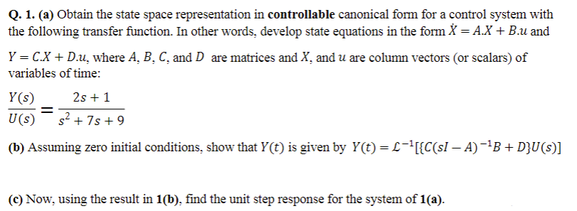 Solved Q. 1. (a) Obtain The State Space Representation In | Chegg.com