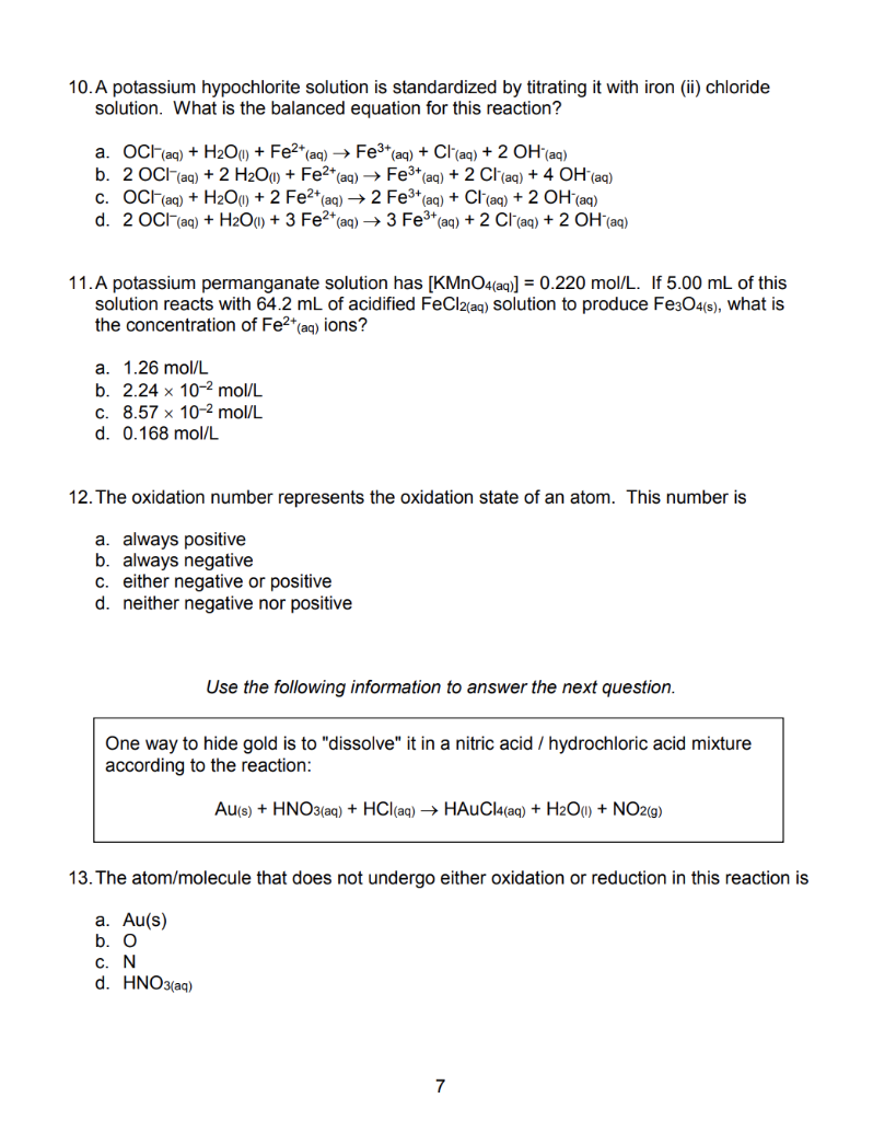 Solved 10. A potassium hypochlorite solution is standardized | Chegg.com