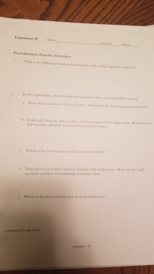 Experiment 20 Name Lab Day Room Pre-Laboratory | Chegg.com