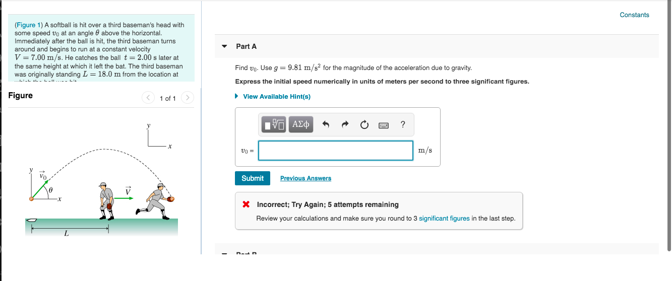 Solved Constants (Figure 1) A softball is hit over a third | Chegg.com