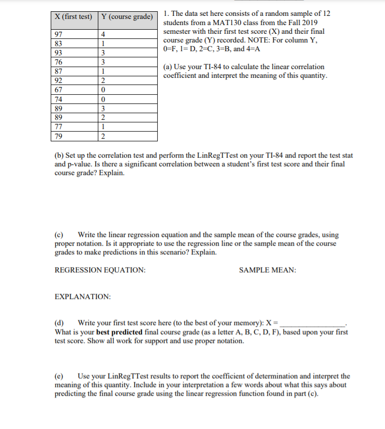 Solved X First Test Y Course Grade 4 1 The Data Set Here Chegg Com