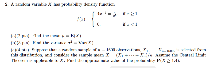 Solved 2. A random variable X has probability density | Chegg.com
