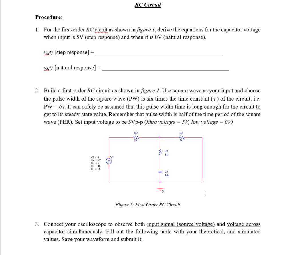 Solved RC Circuit Procedure: 1. For the first-order RC | Chegg.com